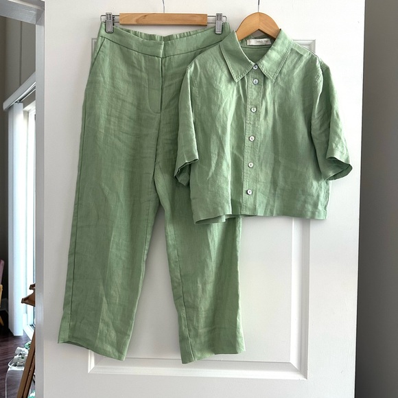 Mango Short Sleeve Linen Button Green Shirt - Picture 4 of 10